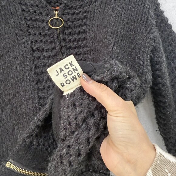 Jackson Rowe Cardigan Sweater Womens Small Black Chunky Knit Zip Up Eye Graphic - Picture 4 of 9